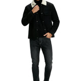 Chaqueta de terciopelo para hombre con cuello de sherpa y botones a presión - Negro