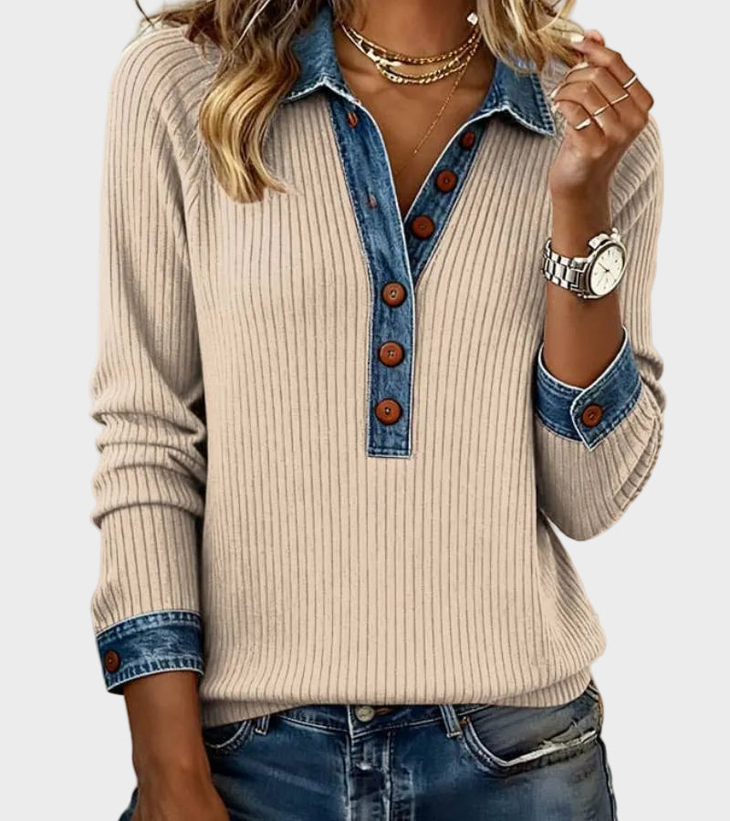 Ravit – Stickad blus med jeanskrage – bild 3