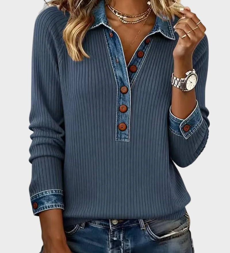 Ravit – Stickad blus med jeanskrage – bild 2