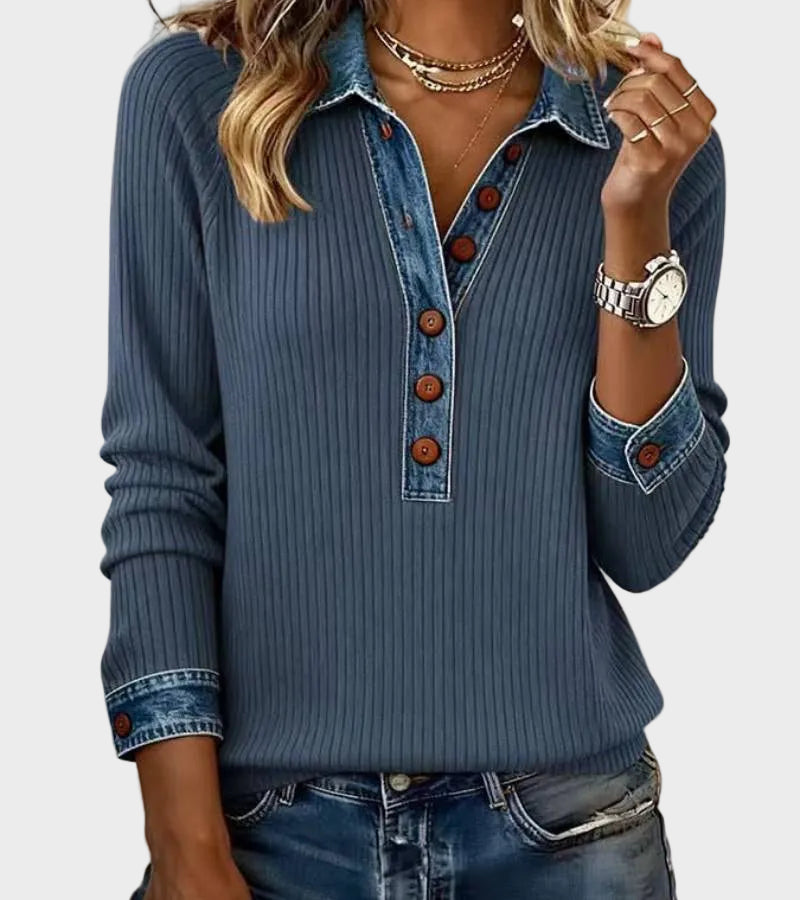 Ravit – Stickad blus med jeanskrage – bild 2