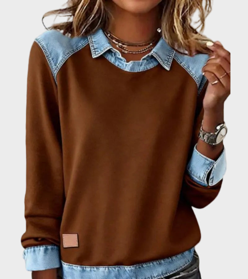 Ravit – Stickad blus med jeanskrage – bild 9