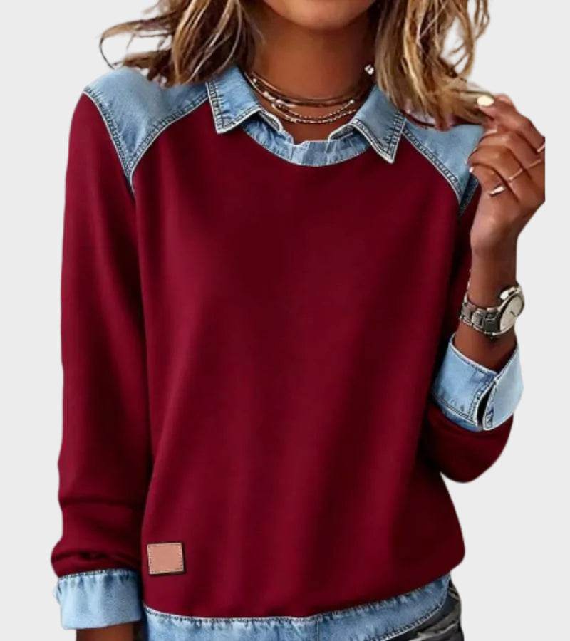 Ravit – Stickad blus med jeanskrage – bild 8