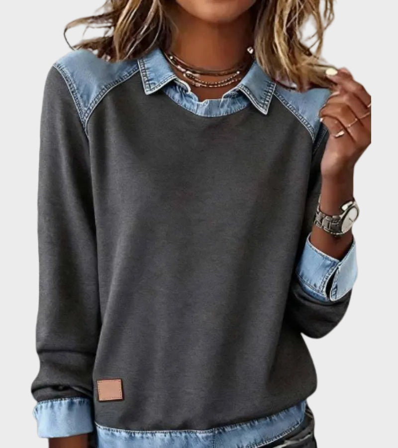 Ravit – Stickad blus med jeanskrage – bild 11