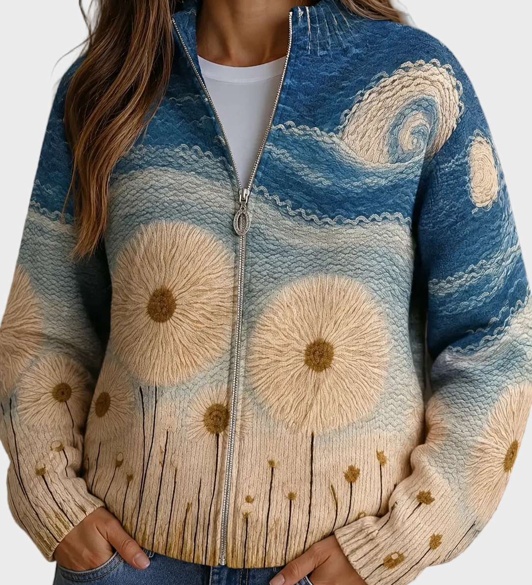 Yolanda – Quiltad cardigan med maskrosor och dragkedja