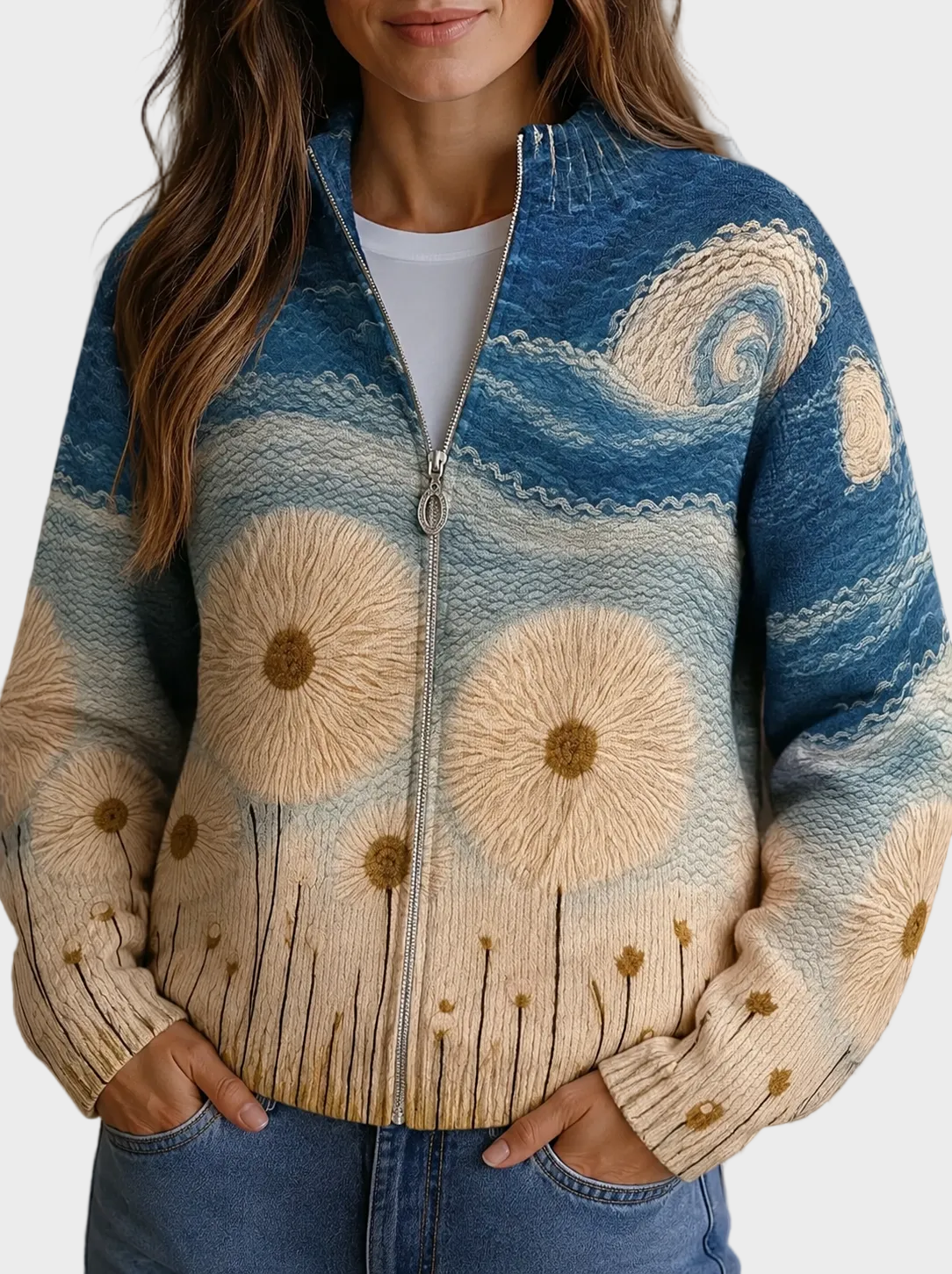 Yolanda – Quiltad cardigan med maskrosor och dragkedja