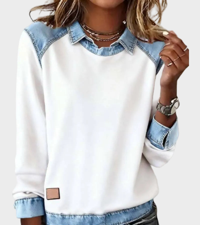 Ravit – Stickad blus med jeanskrage – bild 6