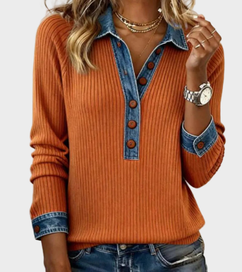 Ravit – Stickad blus med jeanskrage – bild 5