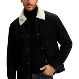 Chaqueta de terciopelo para hombre con cuello de sherpa y botones a presión - Negro