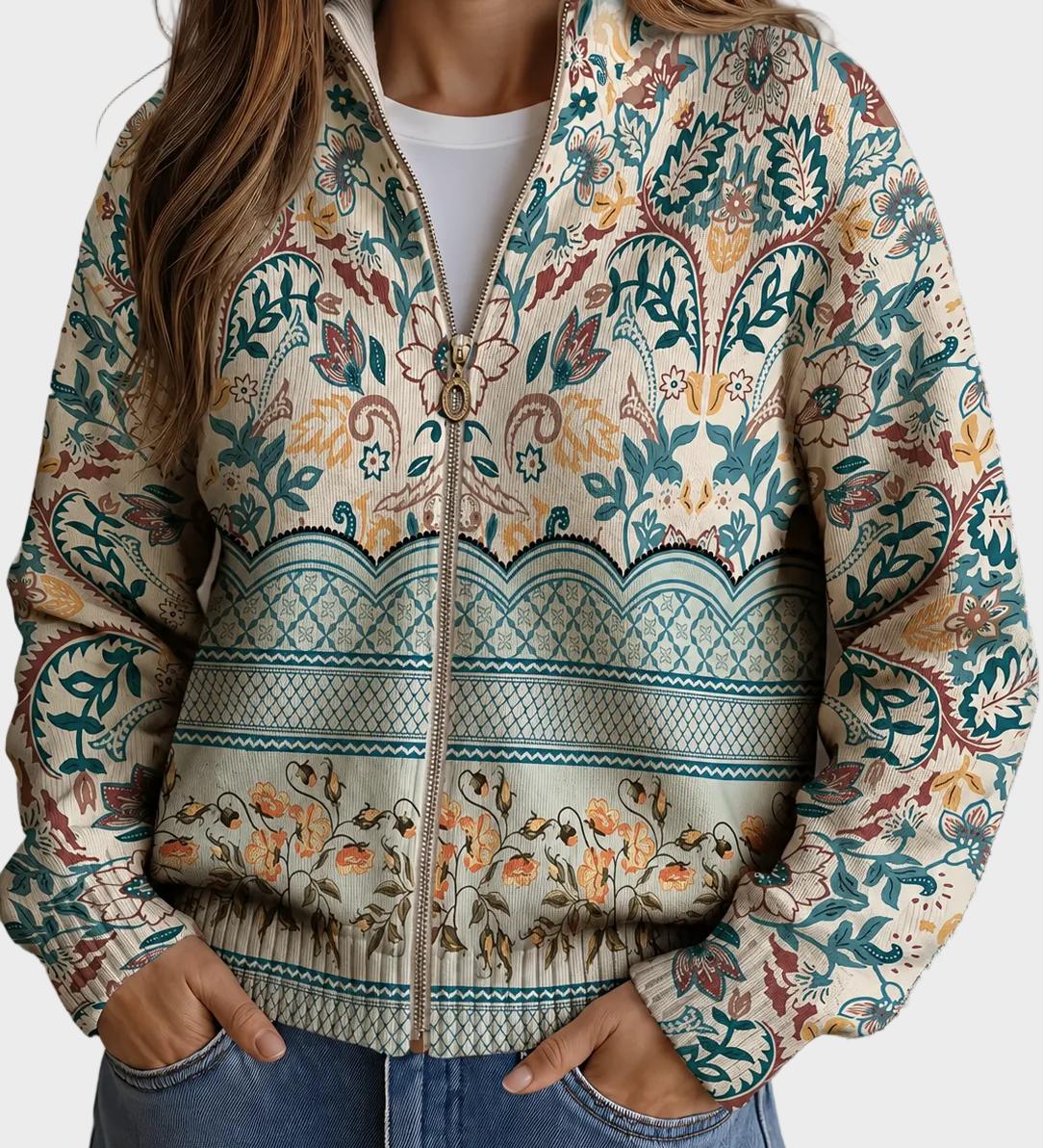 Sybilla™ – Cardigan med botanisk bård i vintagestil