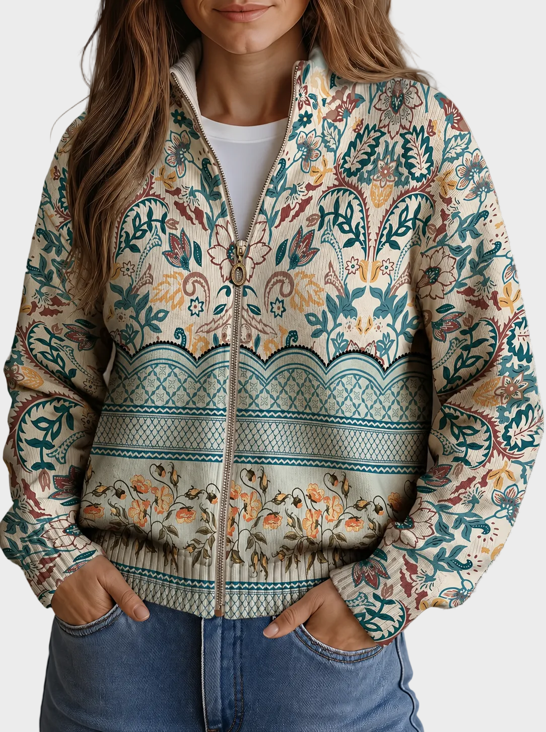 Sybilla™ – Cardigan med botanisk bård i vintagestil