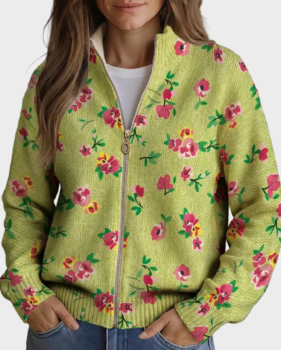 Constance – Rosa blommig cardigan med dragkedja