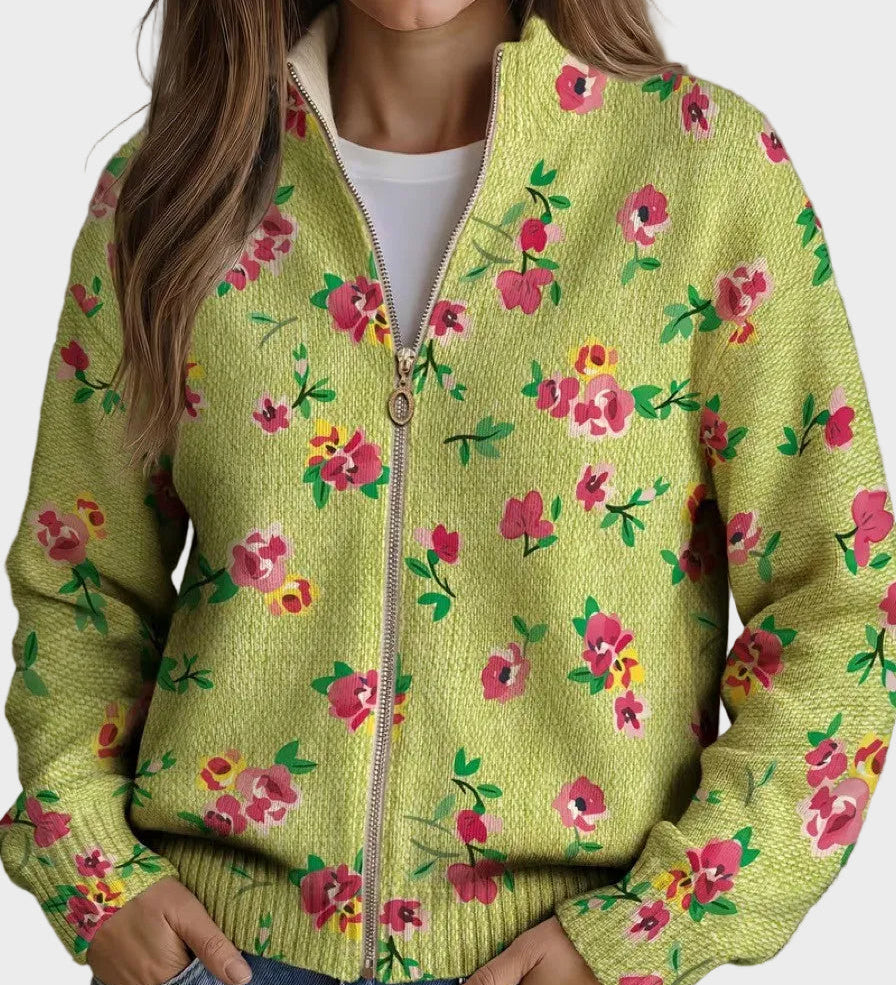 Constance – Rosa blommig cardigan med dragkedja