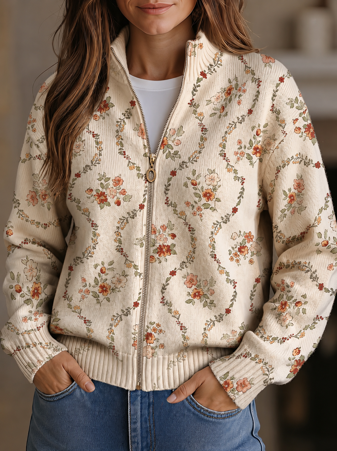 Persephone – Cardigan med blommönster på krämvit botten