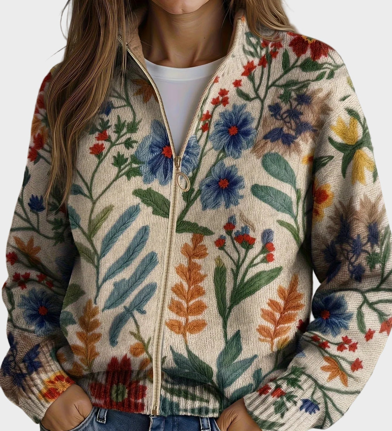 Tabitha – Blommig cardigan med dragkedja