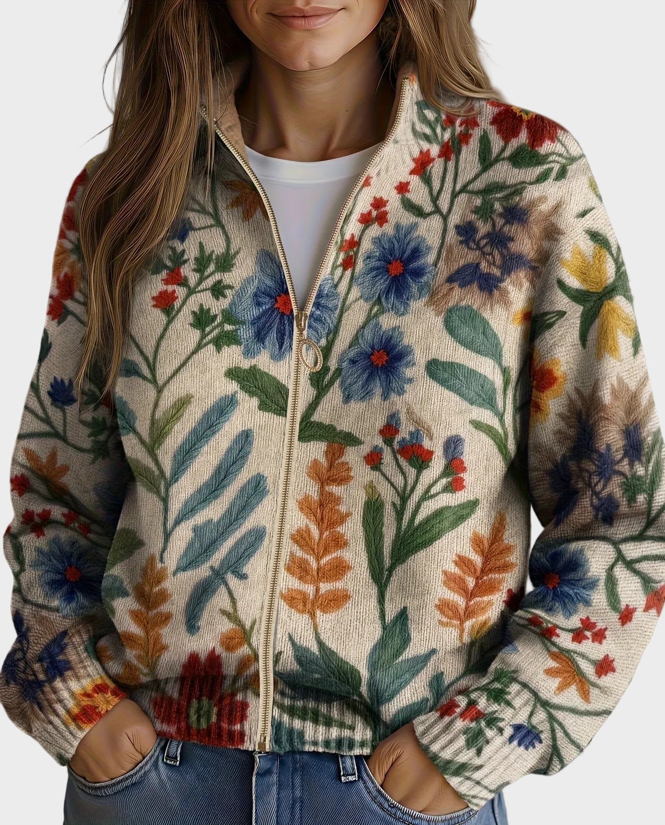 Tabitha – Blommig cardigan med dragkedja