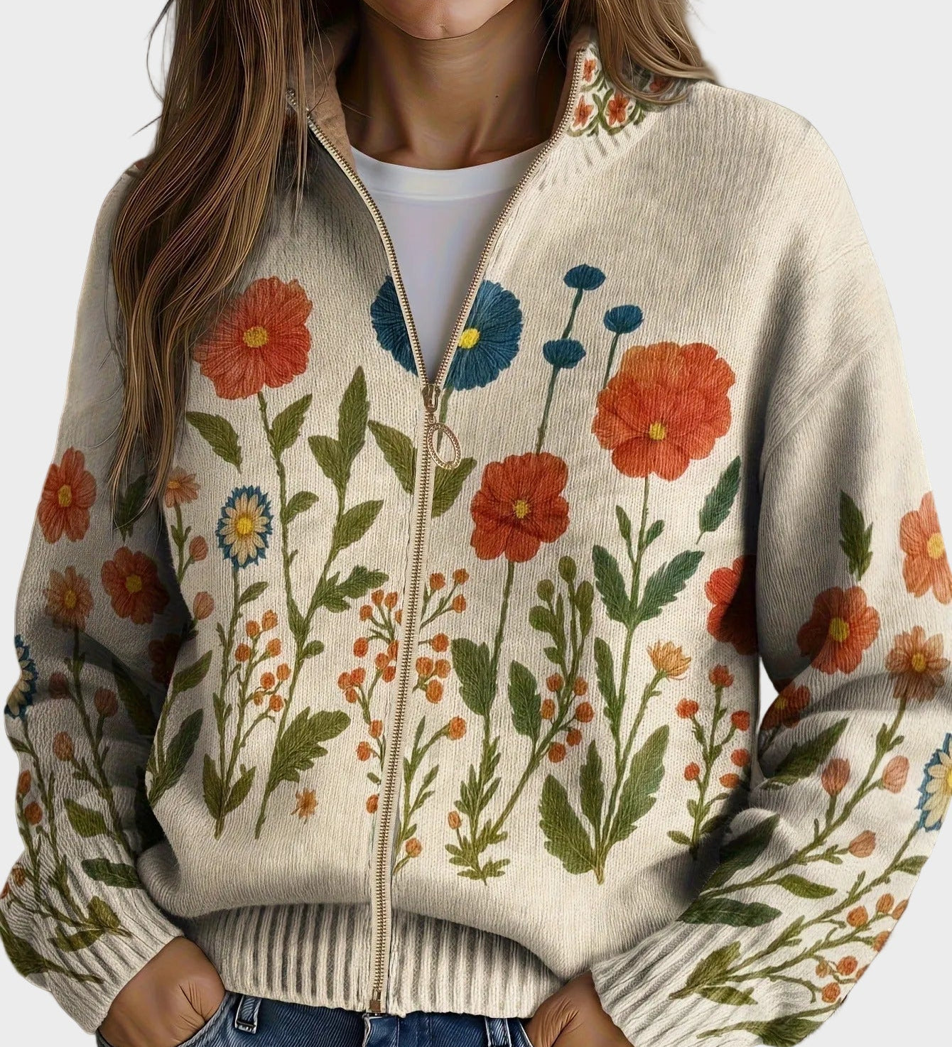 Wrenna – Cardigan med dragkedja och ängsblommor