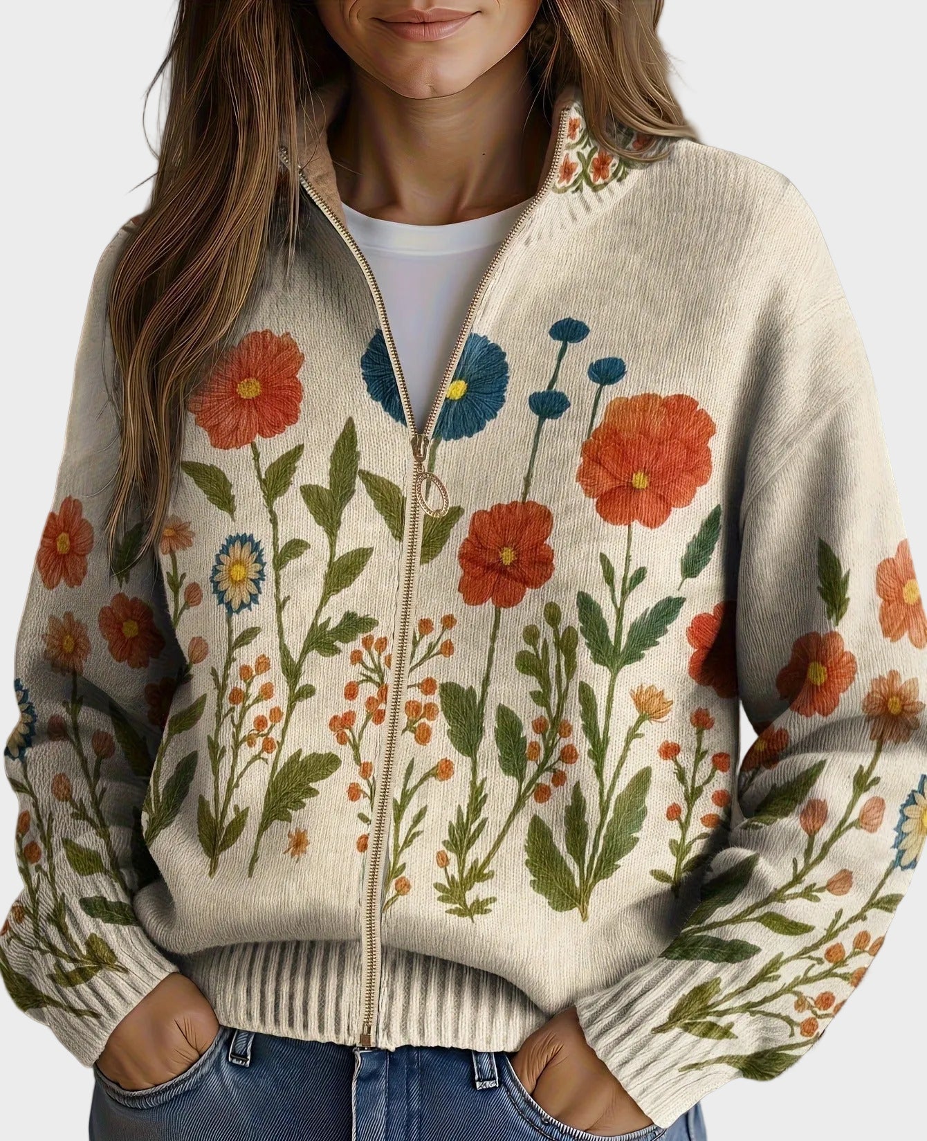 Wrenna – Cardigan med dragkedja och ängsblommor